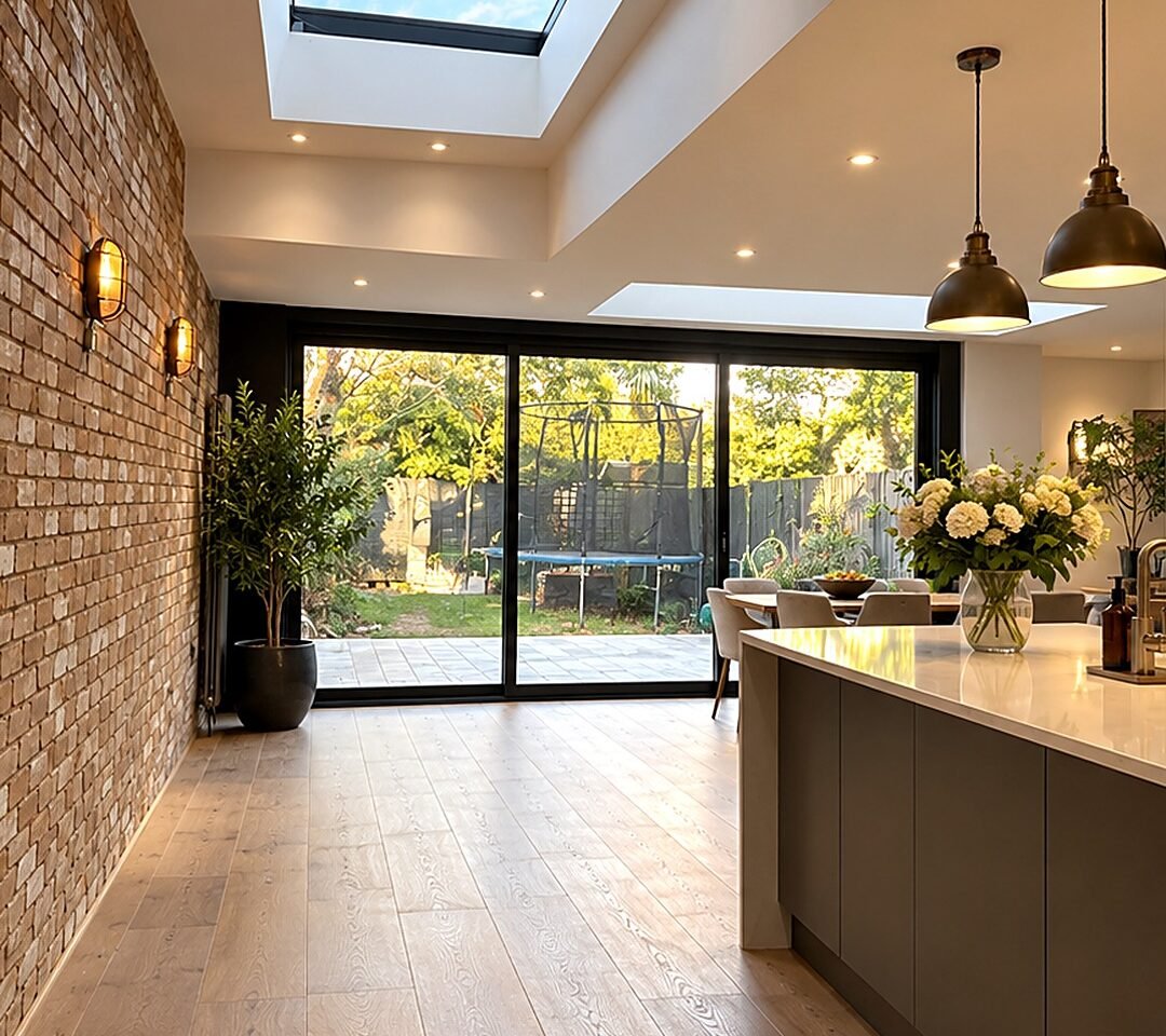 Rear extension in Loughton with exposed brick, a roof light and bifold doors onto the garden