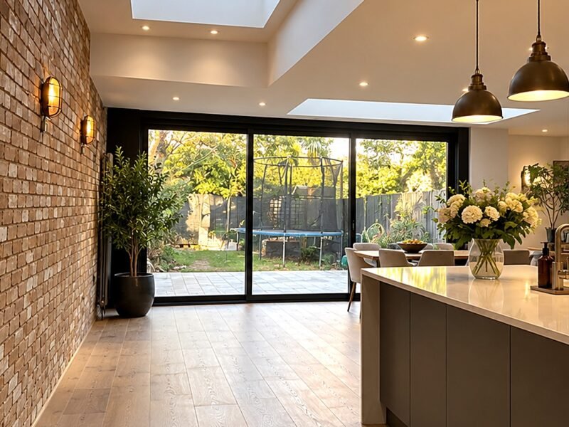 Rear extension in Loughton with exposed brick, a roof light and bifold doors onto the garden