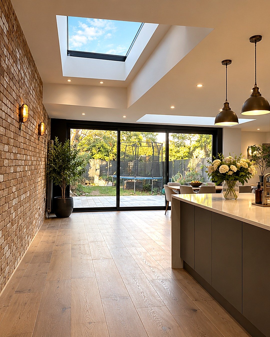 Rear extension in Loughton with exposed brick, a roof light and bifold doors onto the garden