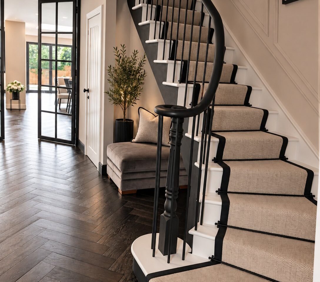 Renovated hallway and staircase in Epping with a runner and herringbone floor