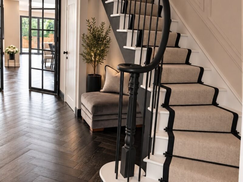 Renovated hallway and staircase in Epping with a runner and herringbone floor