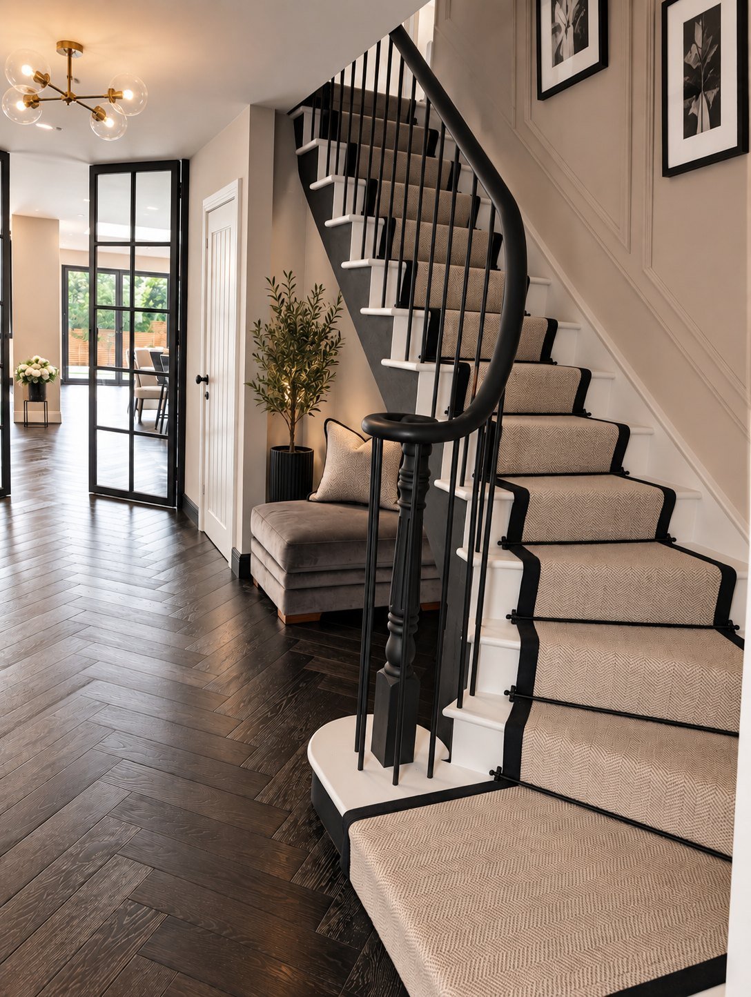 Renovated hallway and staircase in Epping with a runner and herringbone floor